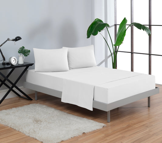 100% Cotton White Bed Sheet Set; a Fitted Sheet, a Flat Sheet, and Pillowcases displayed on bed