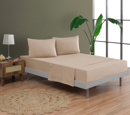 100% Cotton Beige Bed Sheet Set; a Fitted Sheet, a Flat Sheet, and Pillowcases displayed on bed