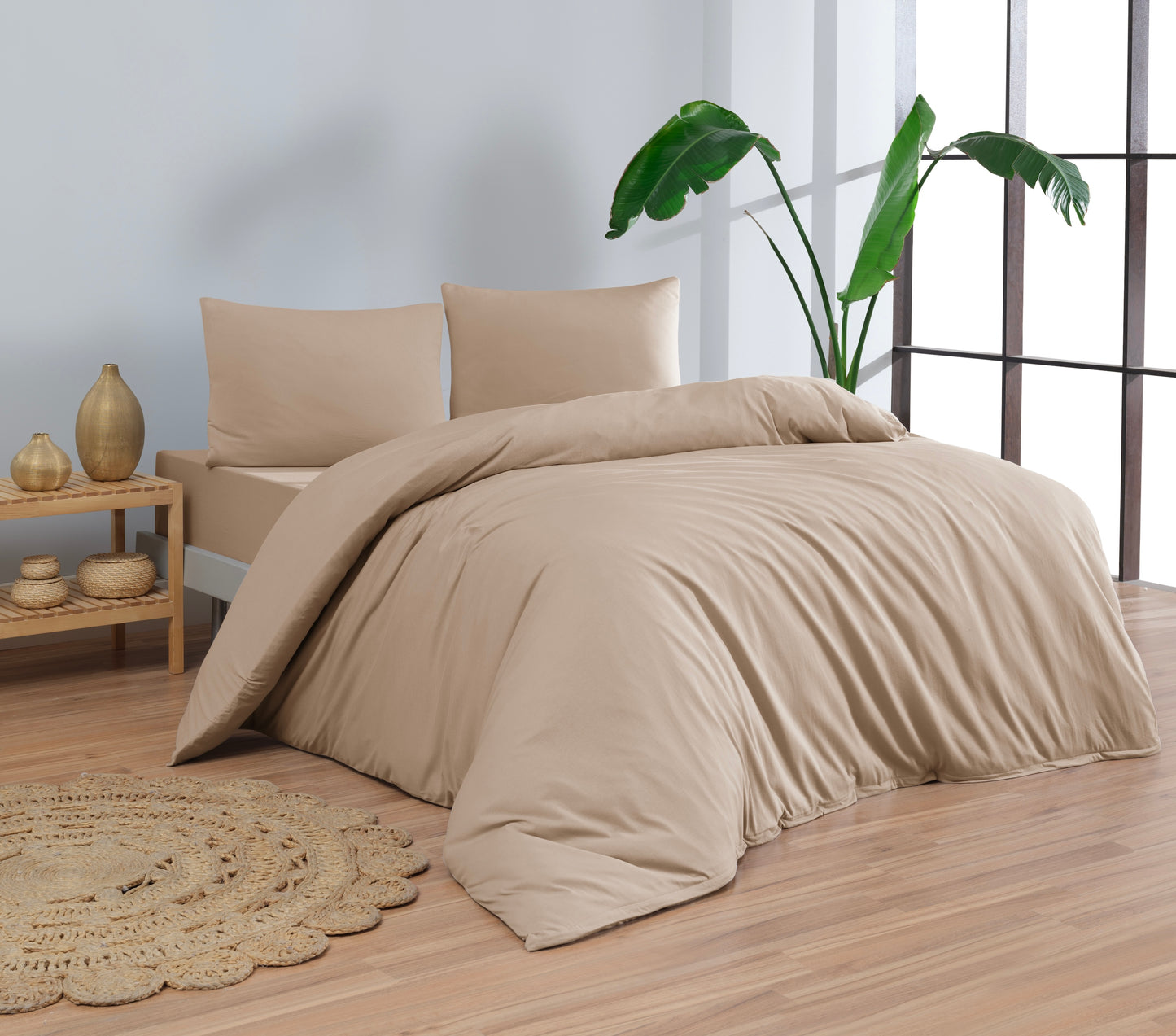 100% Cotton Jersey Knit Beige Duvet Cover Set