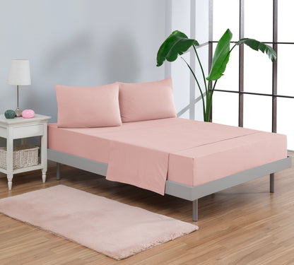 100% Cotton Pink Bed Sheet Set; a Fitted Sheet, a Flat Sheet, and Pillowcases displayed on bed